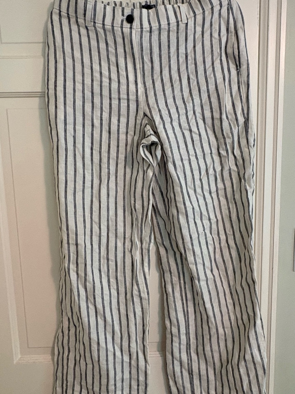 J. Crew White Linen-Blend Pants with Navy Stripes